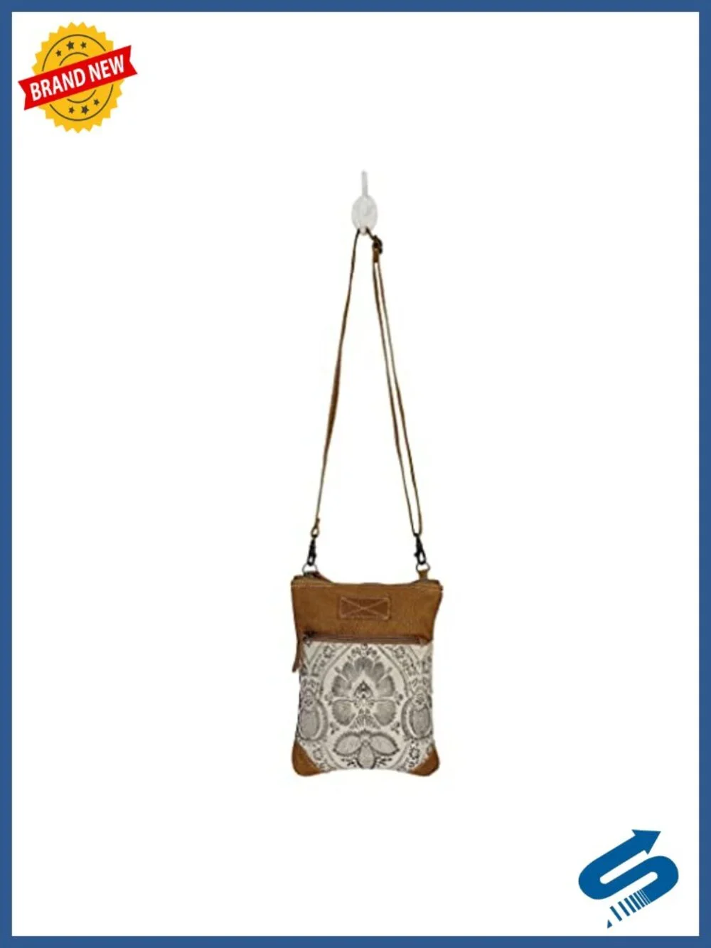 Canvas and Leather Floral Crossbody Pouch Bag with Zipper Closure - Handmade